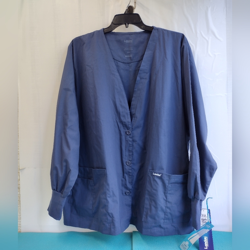 NWT Landau Uniforms Womens Cardigan Scrub Top Long Sleeve Classic Fit - Navy 4XL